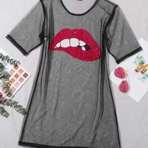 Sequin Lip Sheer Long Black Top Size XS